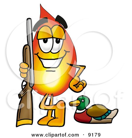 Clipart Picture of a Flame Mascot Cartoon Character Duck Hunting, Standing With a Rifle and Duck by Mascot Junction