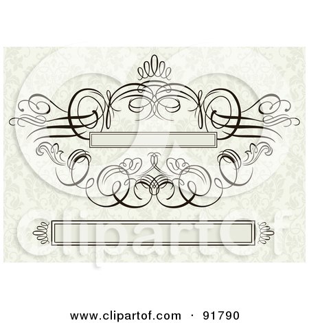 Royalty-Free (RF) Clipart Illustration of a Digital Collage Of Swirly Text Boxes And Flourish Design Elements Over A Beige Floral Background by BestVector