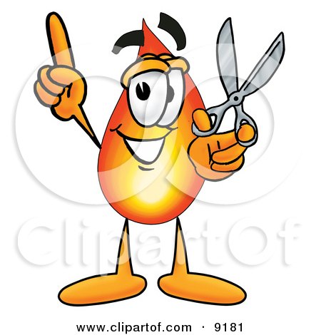 Clipart Picture of a Flame Mascot Cartoon Character Holding a Pair of Scissors by Mascot Junction