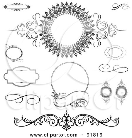Royalty-Free (RF) Clipart Illustration of a Digital Collage Of Black And White Flourishes, Swirls And Text Boxes by BestVector