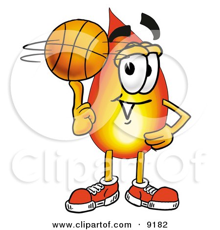 Clipart Picture of a Flame Mascot Cartoon Character Spinning a Basketball on His Finger by Mascot Junction