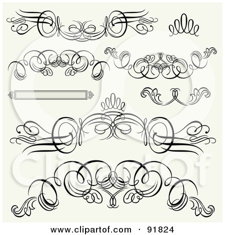 Royalty-Free (RF) Clipart Illustration of a Digital Collage Of Black And White Header And Footer Flourishes by BestVector
