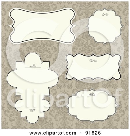 Royalty-Free (RF) Clipart Illustration of a Digital Collage Of Five Elegant Black And White Text Boxes On A Beige Floral Background by BestVector