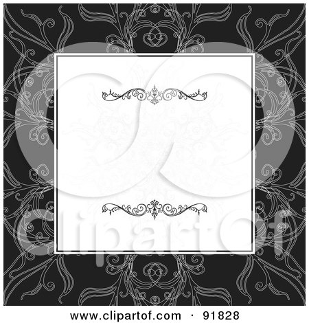 Royalty-Free (RF) Clipart Illustration of a Text Box With Flourishes Over A Black And White Floral Background by BestVector