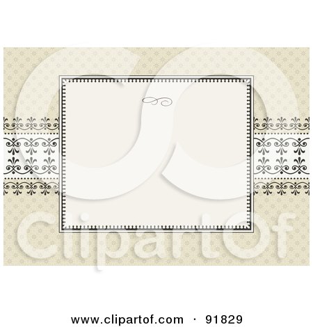 Royalty-Free (RF) Clipart Illustration of a Beige Patterned Background With Ornamental Designs And A Text Box by BestVector