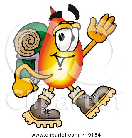 Clipart Picture of a Flame Mascot Cartoon Character Hiking and Carrying a Backpack by Mascot Junction