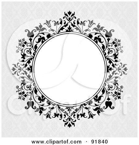 Royalty-Free (RF) Clipart Illustration of a Blank White Circle Framed With Black Vines Over A Gray Floral Background by BestVector