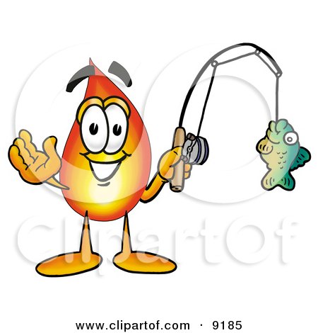 Clipart Picture of a Flame Mascot Cartoon Character Holding a Fish on a Fishing Pole by Mascot Junction