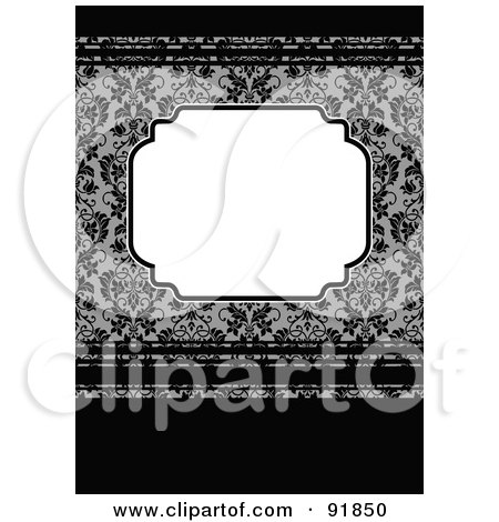 Royalty-Free (RF) Clipart Illustration of a Blank Text Box Over A Gray And Black Floral And Stripe Background by BestVector