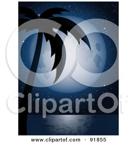 Royalty-Free (RF) Clipart Illustration of a Full Moon And Stars Behind A Silhouetted Palm Tree And Over The Sea by elaineitalia