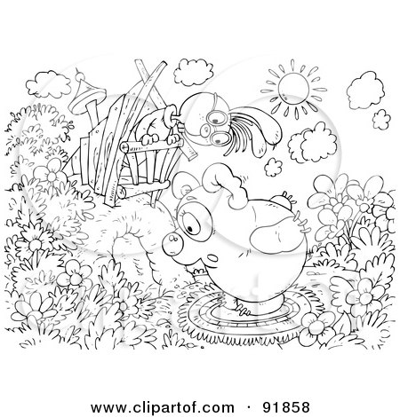 Royalty-Free (RF) Clipart Illustration of a Black And White Bunny And Bear Coloring Page Outline by Alex Bannykh