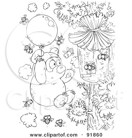 Royalty-Free (RF) Clipart Illustration of a Black And White Bear And Bees Coloring Page Outline by Alex Bannykh