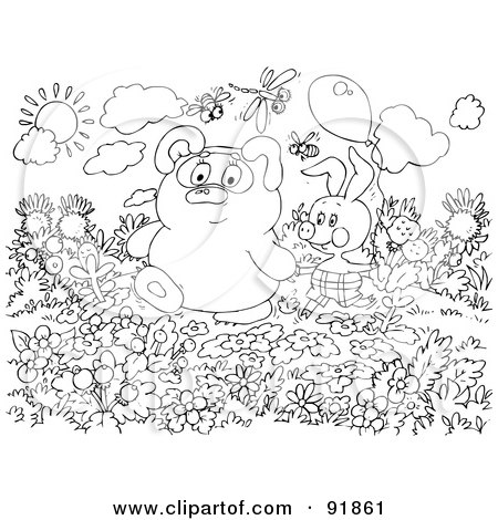 Royalty-Free (RF) Clipart Illustration of a Black And White Bear And Bunny In A Garden Coloring Page Outline by Alex Bannykh