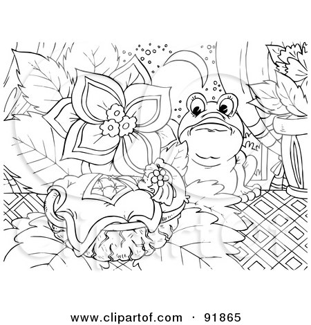 Royalty-Free (RF) Clipart Illustration of a Black And White Thumbelina Girl Coloring Page Outline - 5 by Alex Bannykh