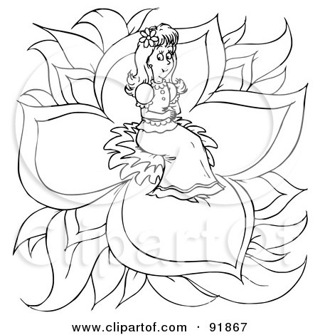 Royalty-Free (RF) Clipart Illustration of a Black And White Thumbelina Coloring Page Outline - 1 by Alex Bannykh