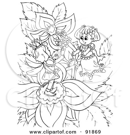 Royalty-Free (RF) Clipart Illustration of a Black And White Thumbelina Girl Coloring Page Outline - 2 by Alex Bannykh
