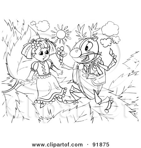 Royalty-Free (RF) Clipart Illustration of a Black And White Thumbelina Girl Coloring Page Outline - 3 by Alex Bannykh