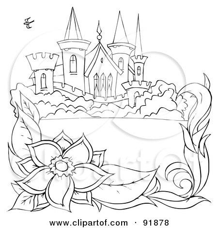 Royalty-Free (RF) Clipart Illustration of a Black And White Castle Coloring Page Outline by Alex Bannykh