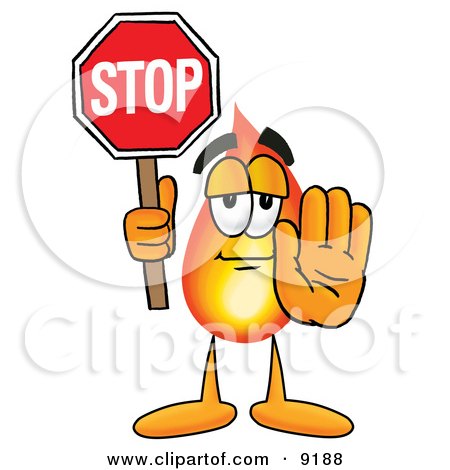 Clipart Picture of a Flame Mascot Cartoon Character Holding a Stop Sign by Mascot Junction