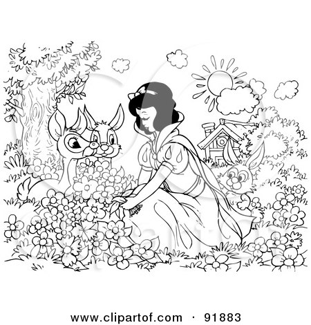 Royalty-Free (RF) Clipart Illustration of a Black And White Snow White Coloring Page Outline - 4 by Alex Bannykh