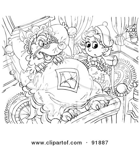 Royalty-Free (RF) Clipart Illustration of a Black And White Little Red Riding Hood Coloring Page Outline - 1 by Alex Bannykh