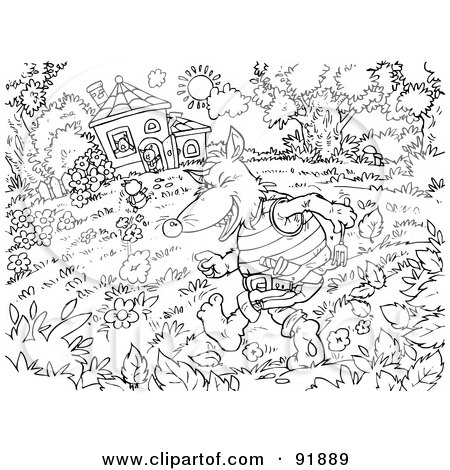 Royalty-Free (RF) Clipart Illustration of a Black And White Three Little Pigs and the Big Bad Wolf Coloring Page Outline - 2 by Alex Bannykh