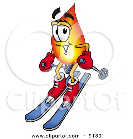 Clipart Picture of a Flame Mascot Cartoon Character Skiing Downhill by Mascot Junction