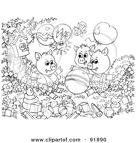 Royalty-Free (RF) Clipart Illustration of a Black And White Three Little Pigs and the Big Bad Wolf Coloring Page Outline - 3 by Alex Bannykh