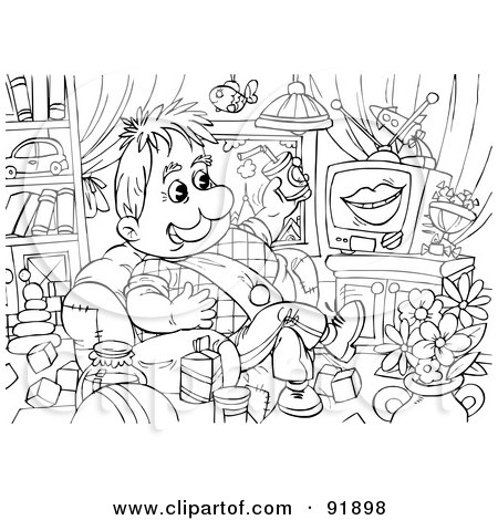 Royalty-Free (RF) Clipart Illustration of a Black And White Flyer Boy Coloring Page Outline - 3 by Alex Bannykh