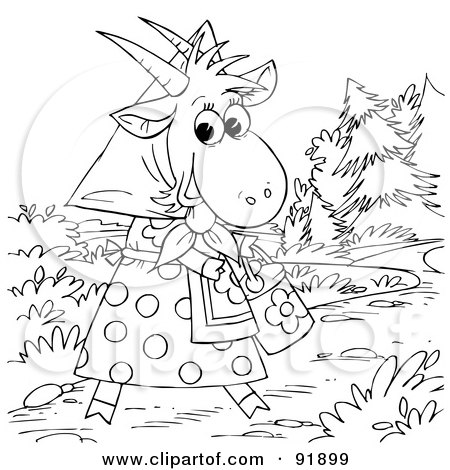 Royalty-Free (RF) Clipart Illustration of a Black And White Walking Goat Coloring Page Outline by Alex Bannykh