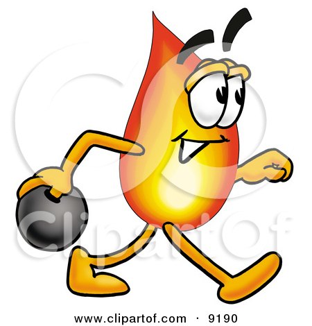 Clipart Picture of a Flame Mascot Cartoon Character Holding a Bowling Ball by Mascot Junction