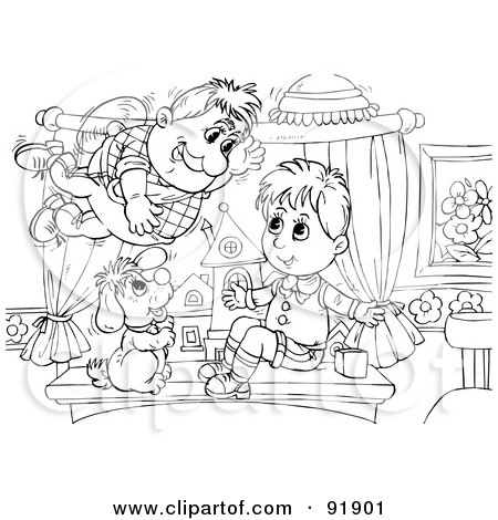 Royalty-Free (RF) Clipart Illustration of a Black And White Flyer Boy Coloring Page Outline - 1 by Alex Bannykh