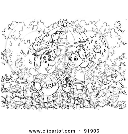 Royalty-Free (RF) Clipart Illustration of a Black And White Boys In The Rain Coloring Page Outline by Alex Bannykh