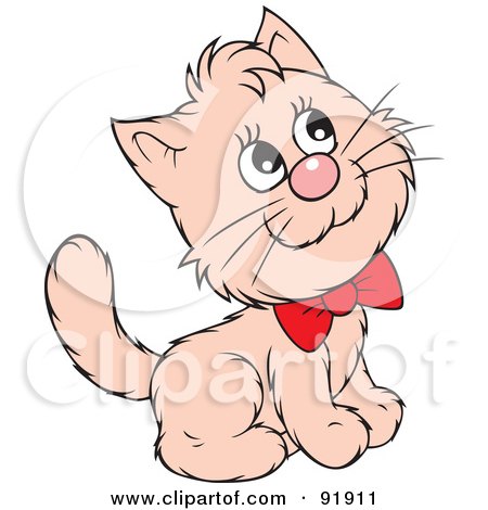 Royalty-Free (RF) Clipart Illustration of a Beige Kitten Wearing A Red Bow by Alex Bannykh