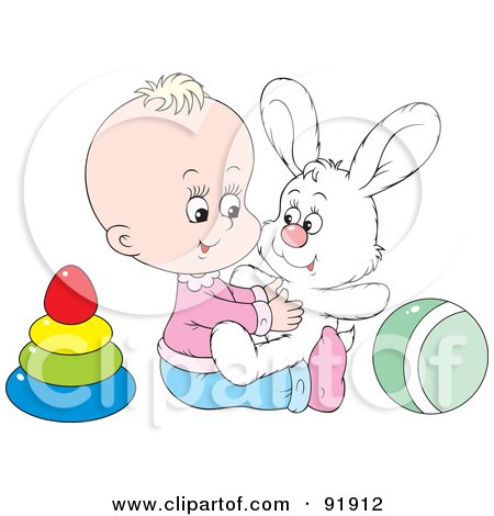 Royalty-Free (RF) Clipart Illustration of a Baby Girl Playing With A Stuffed Bunny, Ball And Rings by Alex Bannykh