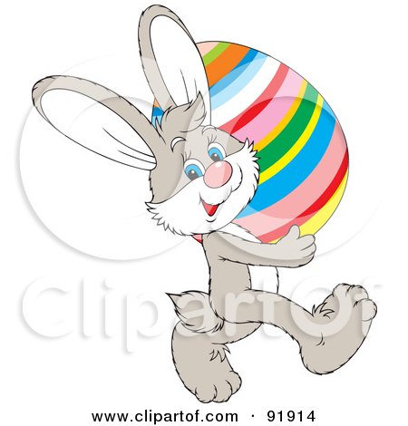 Royalty-Free (RF) Clipart Illustration of a Beige Easter Bunny Carrying A Colorful Striped Egg by Alex Bannykh