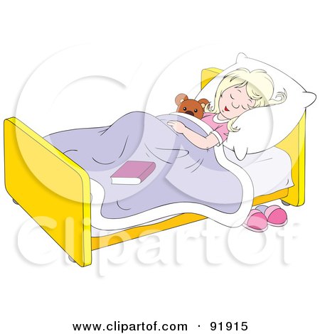 Royalty-Free (RF) Clipart Illustration of a Blond Girl Sleeping With Her Teddy Bear In Bed by Alex Bannykh