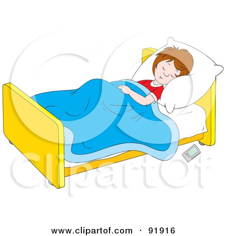 Royalty-Free (RF) Clipart Illustration of a Boy Sleeping In Bed With A Remote Control On The Floor by Alex Bannykh