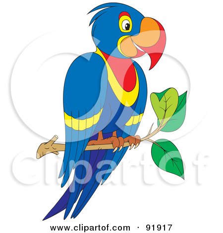 Royalty-Free (RF) Clipart Illustration of a Blue Parrot Perched On A Branch by Alex Bannykh