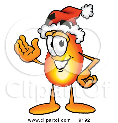 Clipart Picture of a Flame Mascot Cartoon Character Wearing a Santa Hat and Waving by Mascot Junction