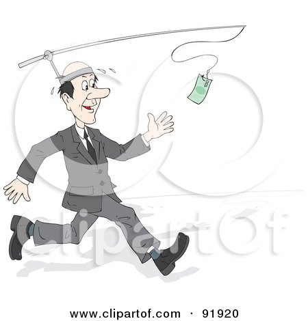 Royalty-Free (RF) Clipart Illustration of a Business Man Running After A Cash Bonus Attached To A Pole On His Head by Alex Bannykh