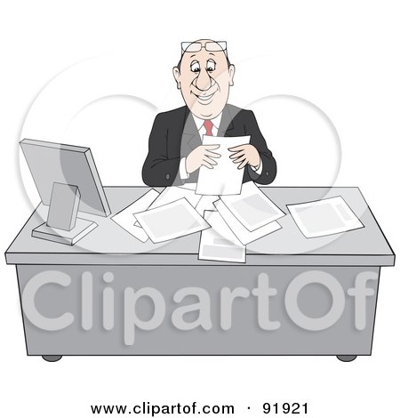 Royalty-Free (RF) Clipart Illustration of a Happy Businessman Organizing Papers At His Office Desk by Alex Bannykh