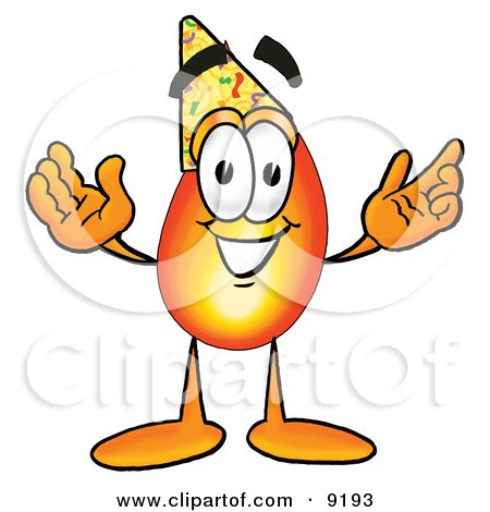 Clipart Picture of a Flame Mascot Cartoon Character Wearing a Birthday Party Hat by Mascot Junction