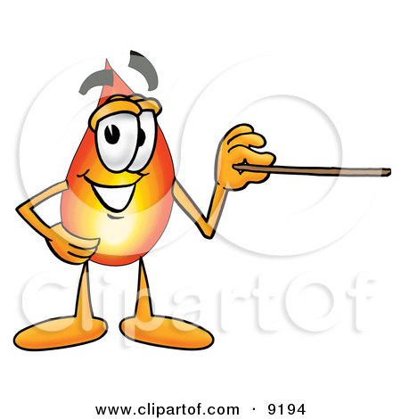Clipart Picture of a Flame Mascot Cartoon Character Holding a Pointer Stick by Mascot Junction