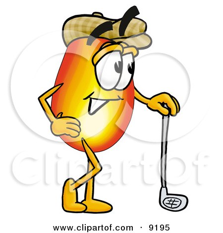 Clipart Picture of a Flame Mascot Cartoon Character Leaning on a Golf Club While Golfing by Mascot Junction