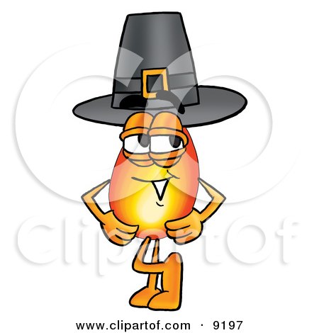 Clipart Picture of a Flame Mascot Cartoon Character Wearing a Pilgrim Hat on Thanksgiving by Mascot Junction