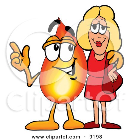 Clipart Picture of a Flame Mascot Cartoon Character Talking to a Pretty Blond Woman by Mascot Junction