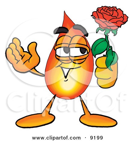 Clipart Picture of a Flame Mascot Cartoon Character Holding a Red Rose on Valentines Day by Mascot Junction
