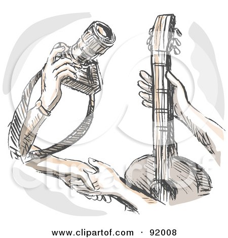 Royalty-Free (RF) Clipart Illustration of Hands Trading A Camera For A Guitar by patrimonio