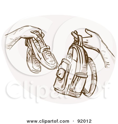 Royalty-Free (RF) Clipart Illustration of Hands Bartering And Trading Shoes For A Backpack by patrimonio